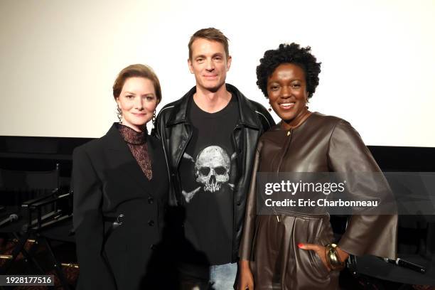 Wrenn Schmidt, Joel Kinnaman and Krys Marshall seen at the Apple TV+ “For All Mankind” fan screening and Q+A at the AMC Westfield Century City on...