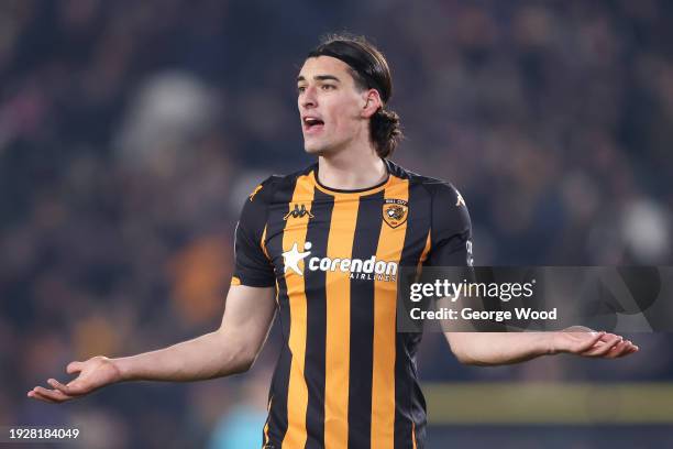 Jacob Greaves of Hull City react during the Sky Bet Championship match between Hull City and Norwich City at MKM Stadium on January 12, 2024 in Hull,...