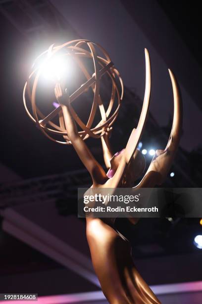 An Emmys statuette is seen at the 75th Primetime Emmys exclusive press preview at JW Marriott LA Live on January 12, 2024 in Los Angeles, California.