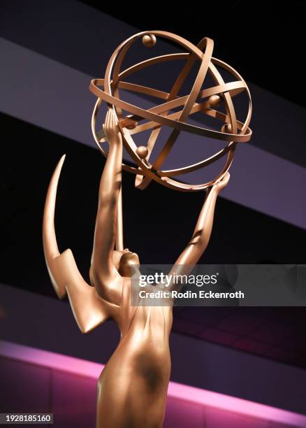 An Emmys statuette is seen at the 75th Primetime Emmys exclusive press preview at JW Marriott LA Live on January 12, 2024 in Los Angeles, California.