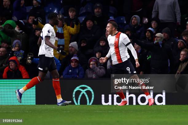 Carlton Morris of Luton Town celebrates scoring his team's first goal during the Premier League match between Burnley FC and Luton Town at Turf Moor...