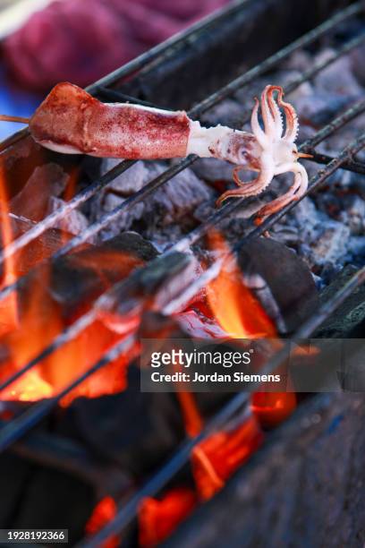 a squid cooking over a fire in thailand - octopus stock pictures, royalty-free photos & images