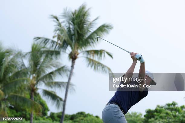 Sam Stevens of the United States plays his shot from the seventh tee during the second round of the Sony Open in Hawaii at Waialae Country Club on...