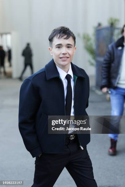 Elliot Page is seen arriving at the Gucci fashion show during the Milan Menswear Fall/Winter 2024-2025 on January 12, 2024 in Milan, Italy.