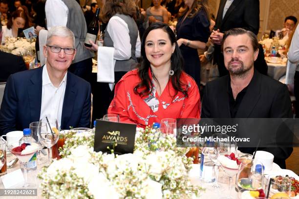Tim Cook, Lily Gladstone, and Leonardo DiCaprio attend the AFI Awards at Four Seasons Hotel Los Angeles at Beverly Hills on January 12, 2024 in Los...