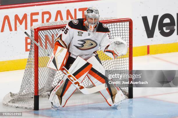 Goaltender John Gibson of the Anaheim Ducks arms up prior to the game against the Florida Panthers at the Amerant Bank Arena on January 15, 2024 in...