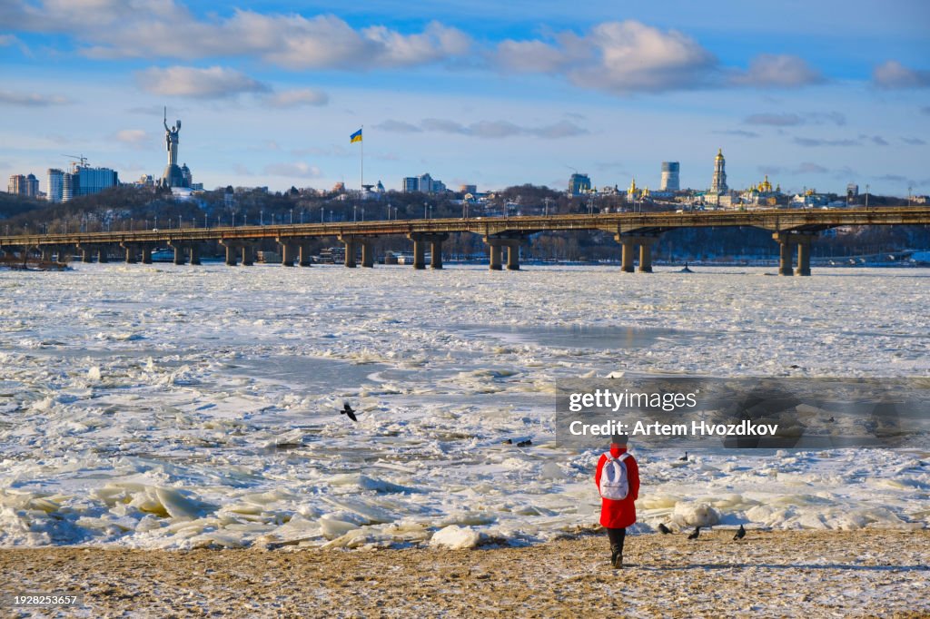 Motherland Mother monument , in winter season . Kyiv city