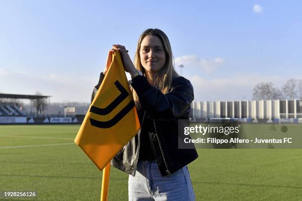 Viola Calligaris poses at Juventus Center Vinovo on January 15, 2024 in Vinovo, Italy.