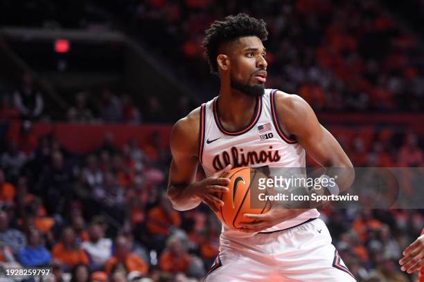 Illinois Fighting Illini Guard Quincy Guerrier rebounds during the college basketball game between the Maryland Terrapins and the Illinois Fighting...