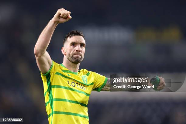 Shane Duffy of Norwich City celebrates following the team's victory in the Sky Bet Championship match between Hull City and Norwich City at MKM...