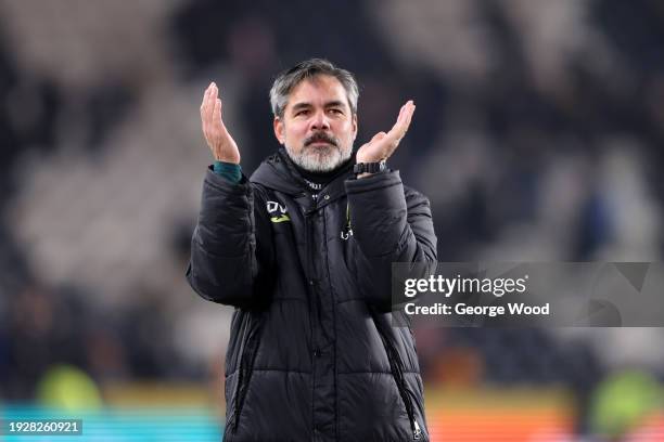 David Wagner, Manager of Norwich City, applauds the fans after the Sky Bet Championship match between Hull City and Norwich City at MKM Stadium on...