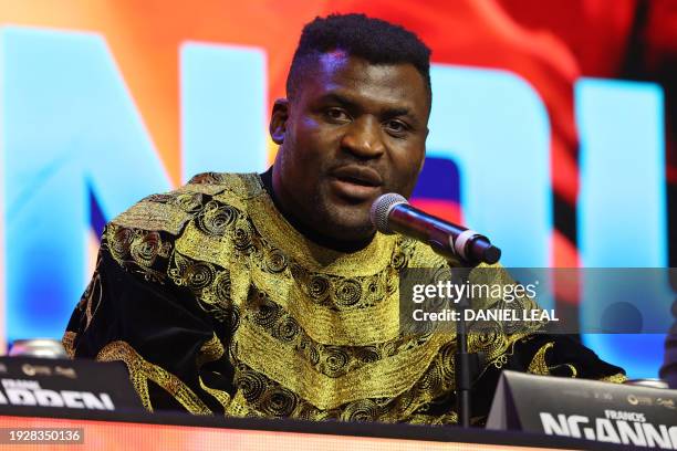 French-Cameroonian boxer Francis Ngannou attends a press conference in London on January 15 ahead of his fight with British heavyweight boxer Anthony...