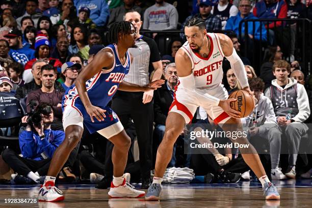 Dillon Brooks of the Houston Rockets looks on during the game against the Philadelphia 76ers on January 15, 2024 at the Wells Fargo Center in...