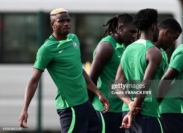 Nigeria's forward Victor Osimhen reacts during a training session at National Police School stadium in Abidjan on January 15, 2024 during the Africa...