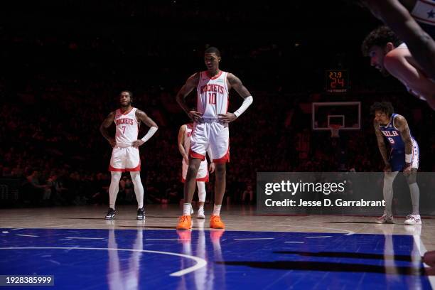 Jabari Smith Jr. #10 of the Houston Rockets looks on during the game against the Philadelphia 76ers on January 15, 2024 at the Wells Fargo Center in...