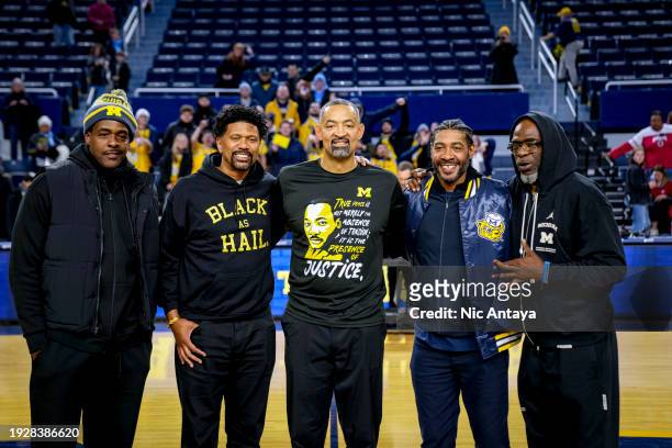 Former Michigan Wolverines "Fab Five" basketball players, Chris Webber, Jalen Rose, head coach Juwan Howard of the Michigan Wolverines, Jimmy King,...