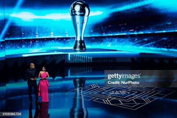 Presenters, Thierry Henry and Reshmin Chowdhury, speak during The Best FIFA Football Awards 2023 at The Apollo Theatre on January 15, 2024 in London,...