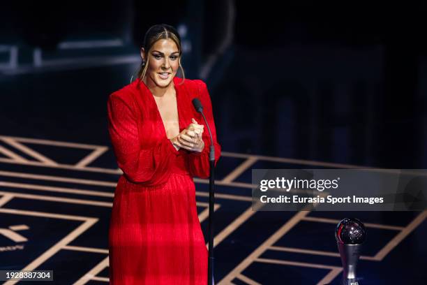 Mary Earps of Manchester United WFC poses for photos with The Best FIFA Women's Goalkeeper Trophy during The Best FIFA Football Awards 2023 at The...