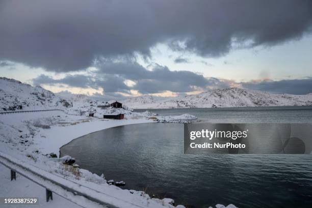 Panoramic view of the coastline is being showcased near the city of Honningsvag, in Mageroya, Norway, on January 9, 2024. Honningsvag is recognized...