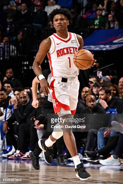 Amen Thompson of the Houston Rockets brings the ball up court during the game against the Philadelphia 76ers on January 15, 2024 at the Wells Fargo...