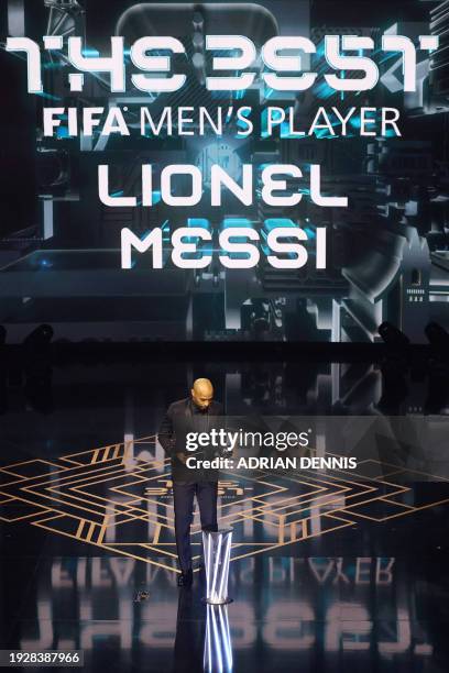 Thierry Henry collects The Best FIFA Men's Player award on behalf of Argentina and Inter Miami forward Lionel Messi during the Best FIFA Football...