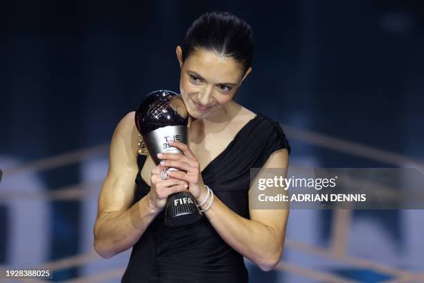 Spain and Barcelona midfielder Aitana Bonmati receives The Best FIFA Women's Player award during the Best FIFA Football Awards 2023 ceremony in...