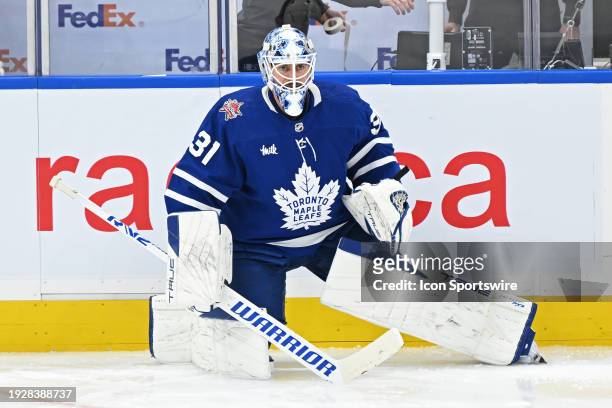 Toronto Maple Leafs Goalie Martin Jones in warmups prior to the regular season NHL game between the Detroit Red Wings and Toronto Maple Leafs on...
