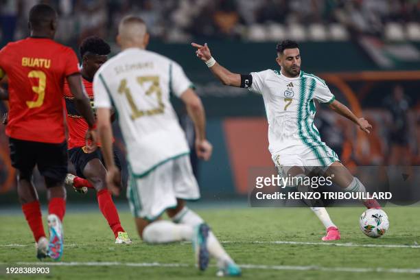 Algeria's forward Riyad Mahrez shoots but fails to score during the Africa Cup of Nations 2024 group D football match between Algeria and Angola at...