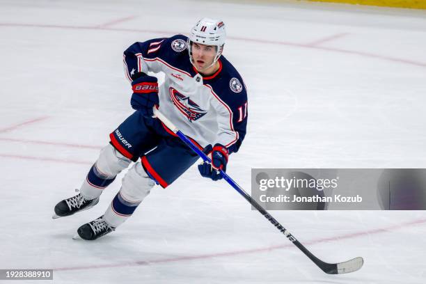 Adam Fantilli of the Columbus Blue Jackets skates during third period action against the Winnipeg Jets at Canada Life Centre on January 09, 2024 in...