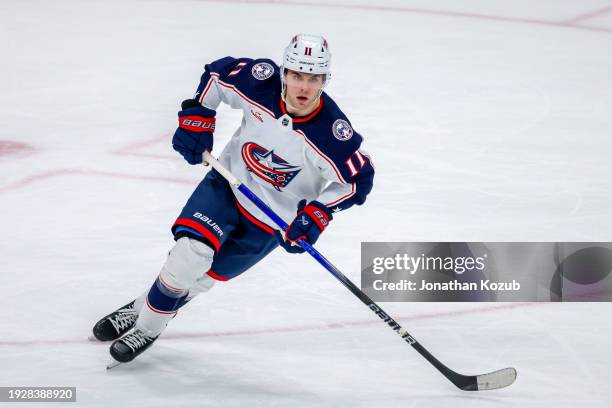 Adam Fantilli of the Columbus Blue Jackets skates during third period action against the Winnipeg Jets at Canada Life Centre on January 09, 2024 in...