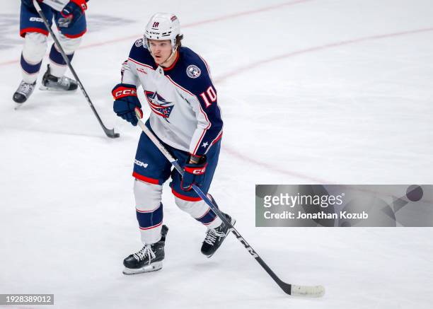 Dmitri Voronkov of the Columbus Blue Jackets skates during first period action against the Winnipeg Jets at Canada Life Centre on January 09, 2024 in...