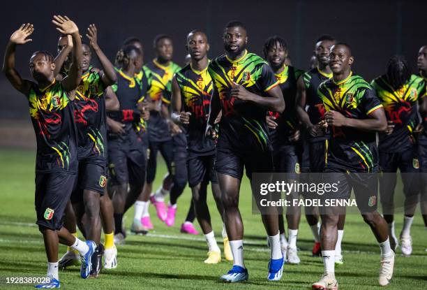 Mali's players take part in a training session at the Dominique Ouattara secondary school in Korhogo on January 15 on the eve of the 2024 Africa Cup...