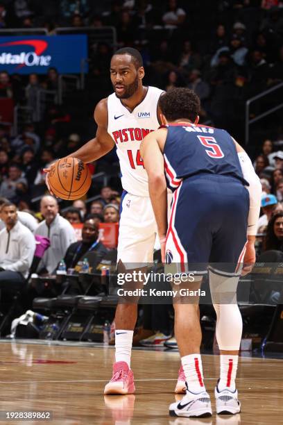 Alec Burks of the Detroit Pistons looks on during the game against the Washington Wizards on January 15, 2024 at Capital One Arena in Washington, DC....