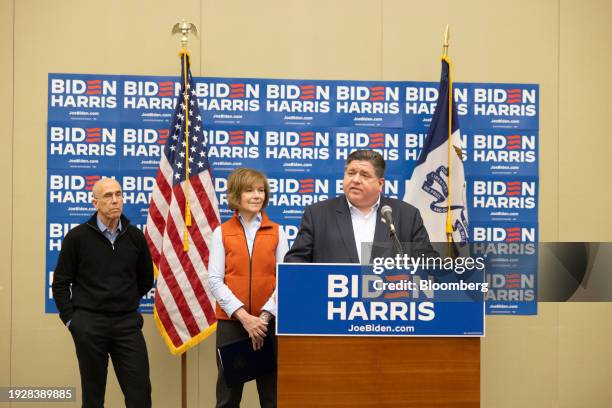 Jeffrey Katzenberg, founder and managing partner of WndrCo LLC, from left, Senator Tina Smith, a Democrat from Minnesota, and J.B. Pritzker, governor...