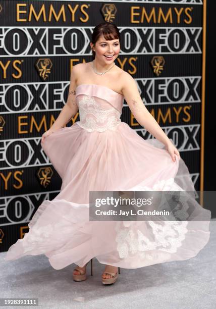 Los Angeles, CA Samantha Hanratty arriving at the 75th Primetime Emmy Awards at the Peacock Theater in Los Angeles, CA, Monday, Jan. 15, 2024.