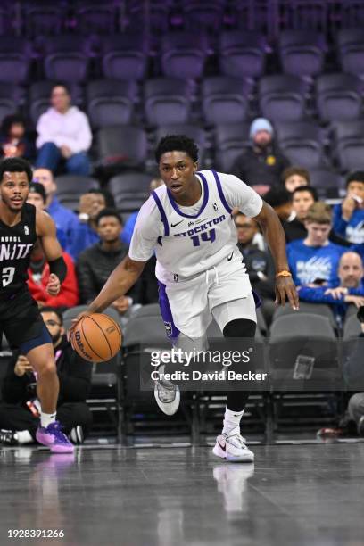 Stockton Kings Stanley Johnson handles the ball during the game against the Stockton Kings on January 15, 2024 at The Dollar Loan Center in...