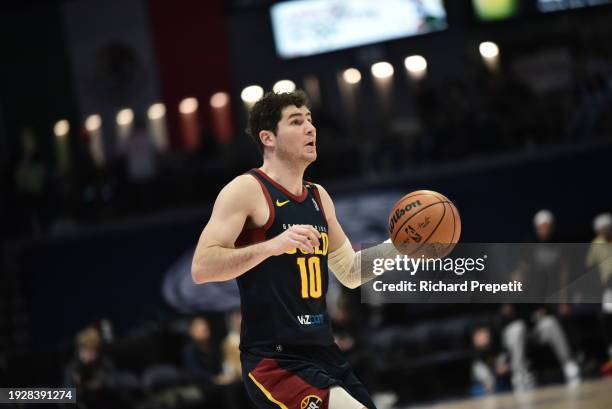 January 15: Andrew Funk of the Grand Rapids Gold brings the ball up court against the South Bay Lakers on January 15, 2024 at the Van Andel Arena in...