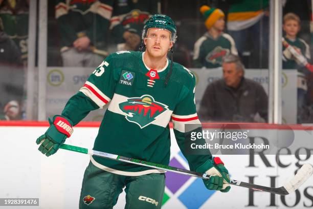 Jonas Brodin of the Minnesota Wild warms up prior to the game against the New York Islanders at the Xcel Energy Center on January 15, 2024 in Saint...