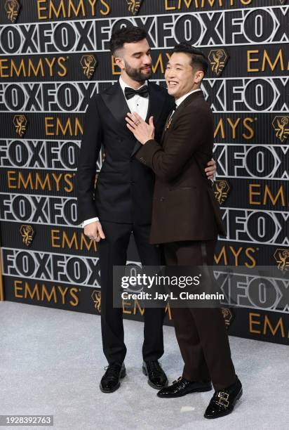 Los Angeles, CA Joel Kim Booster and John Michael Kelly arriving at the 75th Primetime Emmy Awards at the Peacock Theater in Los Angeles, CA, Monday,...