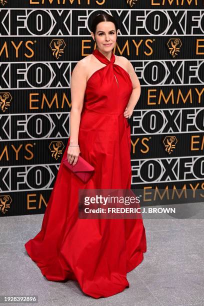 Canadian actress Emily Hampshire arrives for the 75th Emmy Awards at the Peacock Theatre at L.A. Live in Los Angeles on January 15, 2024.
