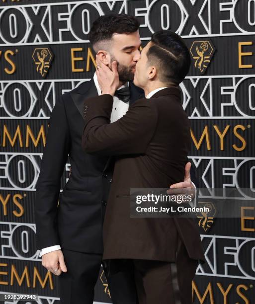 Los Angeles, CA Joel Kim Booster and John Michael Kelly arriving at the 75th Primetime Emmy Awards at the Peacock Theater in Los Angeles, CA, Monday,...