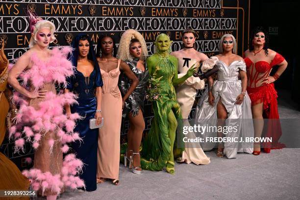 Drag artists from Rupaul's Grag Race arrive for the 75th Emmy Awards at the Peacock Theatre at L.A. Live in Los Angeles on January 15, 2024.