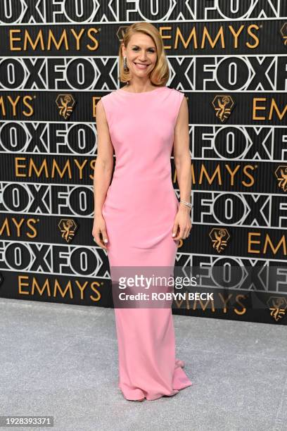 Actress Claire Danes arrives for the 75th Emmy Awards at the Peacock Theatre at L.A. Live in Los Angeles on January 15, 2024.