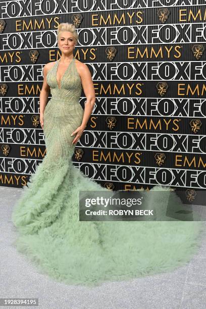 British actress Hannah Waddingham arrives for the 75th Emmy Awards at the Peacock Theatre at L.A. Live in Los Angeles on January 15, 2024.