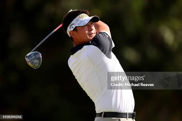 Carl Yuan of China plays his shot from the 16th tee during the second round of the Sony Open in Hawaii at Waialae Country Club on January 12, 2024 in...