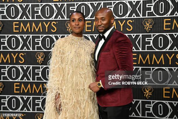 Actress Issa Rae and husband Louis Diame arrives for the 75th Emmy Awards at the Peacock Theatre at L.A. Live in Los Angeles on January 15, 2024.