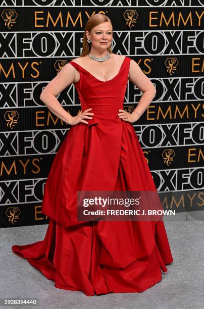 Australian actress Sarah Snook arrives for the 75th Emmy Awards at the Peacock Theatre at L.A. Live in Los Angeles on January 15, 2024.