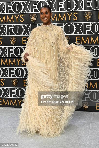 Actress Issa Rae arrives for the 75th Emmy Awards at the Peacock Theatre at L.A. Live in Los Angeles on January 15, 2024.