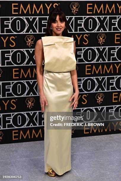 Actress Aubrey Plaza arrives for the 75th Emmy Awards at the Peacock Theatre at L.A. Live in Los Angeles on January 15, 2024.