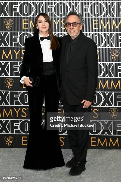 Monica Bellucci and Tim Burton at the 75th Primetime Emmy Awards held at the Peacock Theater on January 15, 2024 in Los Angeles, California.